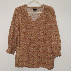 Jones&co Womens Sz 1X Floral Blouse Long Sleeve Floral Smoked Casual 100% Rayon